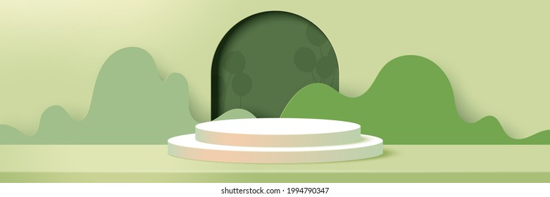 3d Paper Cut Abstract Minimal Geometric Shape Template Background.White Cylinder Podium On Green Nature Landscape Scene.Vector Illustration.