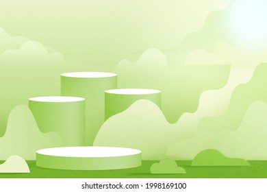 3d Paper cut abstract minimal geometric shape template background.Green cylinder podium on green nature landscape scene.Vector illustration.