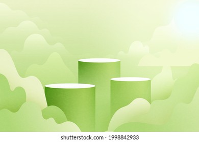 3d Paper cut abstract minimal geometric shape template background.Green cylinder podium on green nature landscape scene with mountains and clouds.Vector illustration.