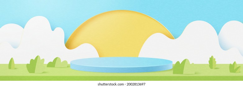 3d Paper cut abstract minimal geometric shape template background.Blue cylinder podium on Summer season natural landscape scene.Vector illustration.