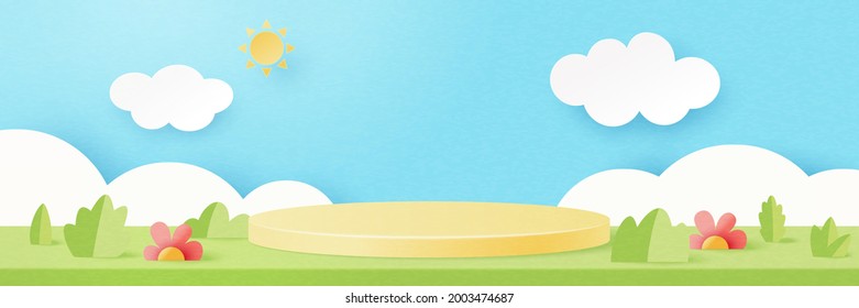 3d Paper cut abstract minimal geometric shape template background.Yellow cylinder podium on Summer season natural landscape scene.Vector illustration.