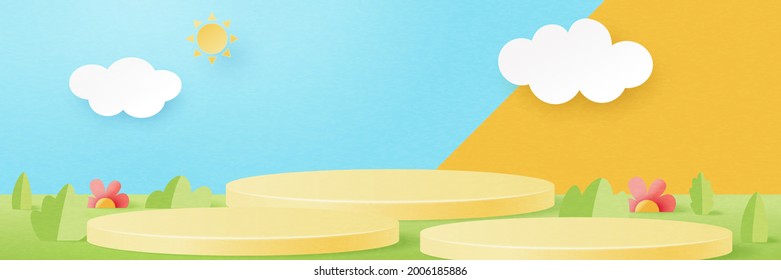 3d Paper cut abstract minimal geometric shape template background.Yellow cylinder podium on Summer season natural landscape scene.Vector illustration.