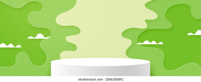 3d Fondo de la plantilla de forma geométrica mínima de corte de papel abstracto.Podio del cilindro blanco en la escena paisajística de naturaleza verde.Ilustración vectorial.