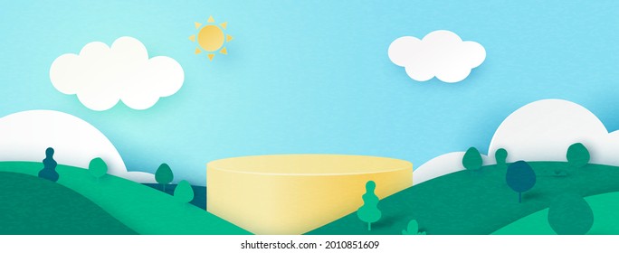 3d Paper cut abstract minimal geometric shape template background.Yellow cylinder podium on Summer season natural landscape scene.Vector illustration.