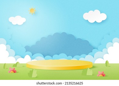 3d Paper cut abstract minimal geometric shape template background.Yellow cylinder podium on Summer season natural landscape scene.Vector illustration.
