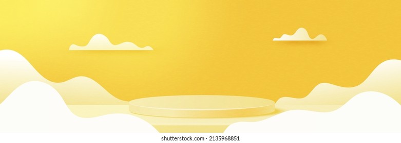 3d Paper cut abstract minimal geometric shape template background.Yellow cylinder podium on yellow nature landscape scene.Vector illustration.
