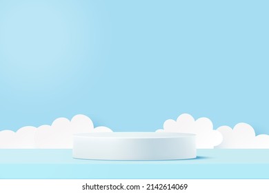 3d Paper cut abstract minimal scene geometric shape template background.3D white cylinder pedestal podium and cloud on blue background.Vector illustration. - Shutterstock ID 2142614069