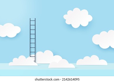 3d Paper cut abstract minimal scene geometric shape template background.Ladder and cloud on blue sky background.Vector illustration.