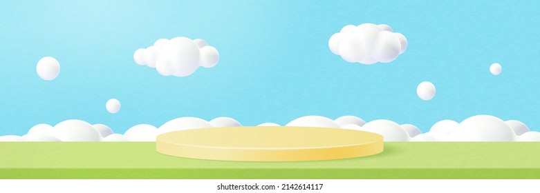 3d Paper cut abstract minimal geometric shape template background.Yellow cylinder podium on Summer season natural landscape scene.Vector illustration.