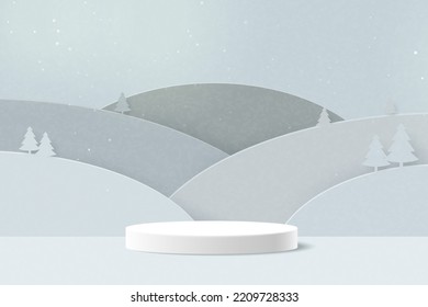 3d Paper cut abstract minimal geometric shape template background.White cylinder podium on mountains landscape.Minimal winter scene background.Vector illustration.