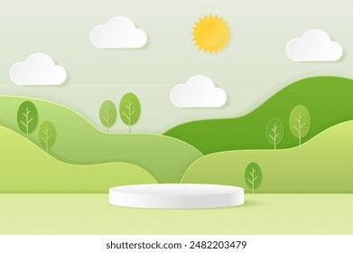 3d Paper cut abstract minimal geometric shape White cylinder podium on green nature mountains landscape backdrop for product display advertising, presentation.