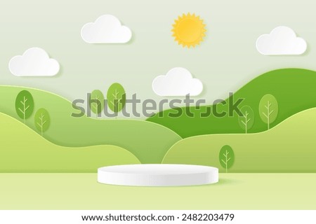 3d Paper cut abstract minimal geometric shape White cylinder podium on green nature mountains landscape backdrop for product display advertising, presentation.