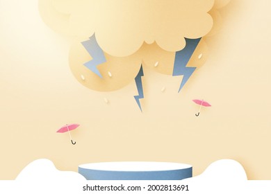 3d paper cut abstract rainy season concept background.Cylinder podium of rainy day, overcast sky, thunder and lightning.Vector illustration.