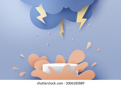 3d paper cut abstract rainy season concept background.Cylinder podium with water splash of rainy day, overcast sky, thunder and lightning.Vector illustration.