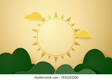 3d Fondo de plantilla abstracto de corte de papel.Forma geométrica de las montañas onduladas verdes con nubes y sol.Ilustración vectorial.