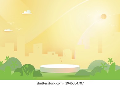 3d Paper cut abstract template background.White cylinder podium on green nature landscape with cityscape, clouds and sun.Vector illustration.