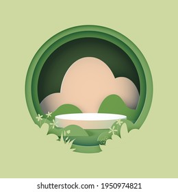 3d Paper cut abstract template background.White cylinder podium on green circle geometrics shape with green nature landscape scenery.Vector illustration.