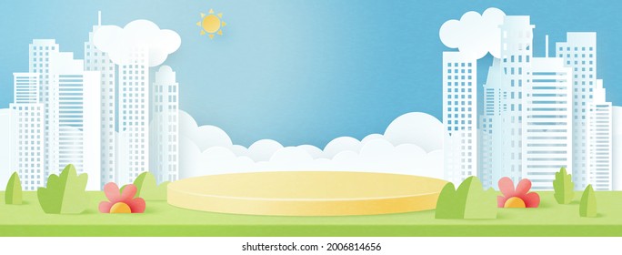 3d Paper cut abstract template background.3d cylinder podium on green nature landscape with cityscape, clouds and sun.Vector illustration.