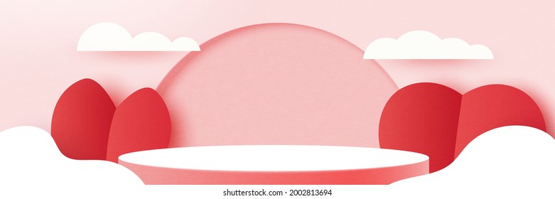 3d paper cut abstract valentine's day template background.Love and heart on geometrics shape of pink nature landscape.Vector illustration.