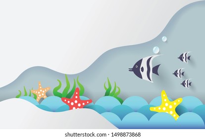 3d paper cut art concept design. Fish and starfish on the ocean waves. Colorful hand crafted. Paper cut style. Vector illustration EPS10. 