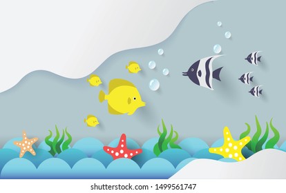 3d paper cut art concept design. Fish and starfish on the ocean waves. Colorful hand crafted. Paper cut style. Vector illustration EPS10. 
