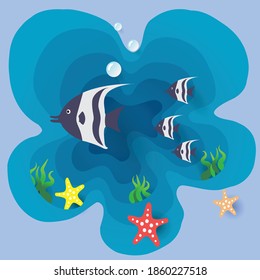 3d paper cut art concept design. Fish and starfish on the ocean waves. Colorful hand crafted. Paper cut style. Vector illustration EPS10. 