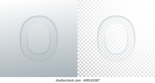 3d paper cut character 0 isolated on transparent checkered background. Typographic minimalistic element. Creativity concept. Vector illustration. Logo template. Paper typography design