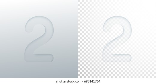 3d paper cut character 2 isolated on transparent checkered background. Typographic minimalistic element. Creativity concept. Vector illustration. Logo template. Paper typography design