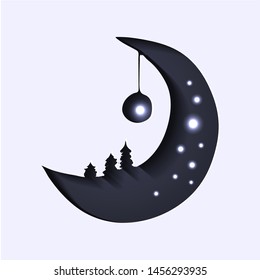 3d paper cut dark blue crescent with fir-trees and shining stars.