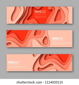 3d paper cut horizontal banners. Shapes with shadow in different terracotta color tones. Papercraft layered art. Design for decoration, business presentation, posters, flyers, prints. Vector.
