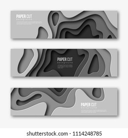 3d paper cut horizontal banners. Shapes with shadow in different grey color tones. Papercraft layered art. Design for decoration, business presentation, posters, flyers, prints. Vector.