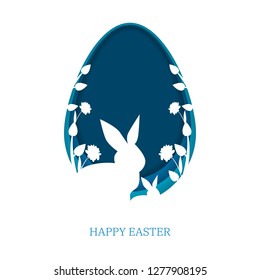 3d paper cut illustration of Easter rabbit with plants and flowers, layer art style, blue egg shape. Happy Easter phrase, greeting card template. Vector Illustration. 