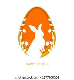 3d paper cut illustration of Easter rabbit with plants and flowers, layer art style, orange egg shape. Happy Easter phrase, greeting card template. Vector Illustration. 