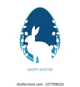 3d paper cut illustration of Easter rabbit with plants and flowers, layer art style, blue egg shape. Happy Easter phrase, greeting card template. Vector Illustration. 