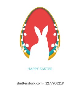 3d paper cut illustration of Easter rabbit with plants and flowers, layer art style, coral egg shape. Happy Easter phrase, greeting card template. Vector Illustration. 