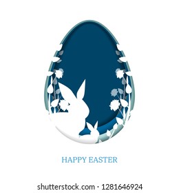 3d paper cut illustration of Easter rabbit with plants and flowers, layer art style, blue egg shape. Happy Easter phrase, greeting card template. Vector Illustration. 