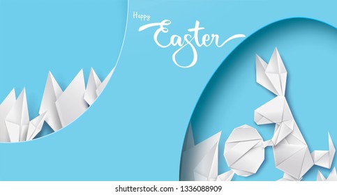3d paper cut illustration of easter rabbit, grass, flowers and egg shape. Happy easter greeting card modern template. - Vector