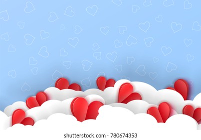 3d paper cut illustration of red hearts on blue background with clouds. Vector colorful poster or banner template.
