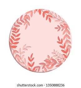 3d paper cut leaves with shadows. Living coral color trends. Botanical greeting invitation vector illustration. 