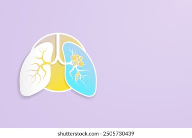 3D Paper Cut Pair of Lung dotted with red tumor bacteria infection spread across on a blue background with no text. Yellow dots as virus infection in the lungs. Vector Illustration.