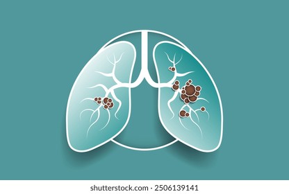 3D Paper Cut Pair of Lungs dotted with red cancerous tumors or infection spread across the lung, with no text. Tuberculosis, pneumonia, lung cancer, virus. Respiratory background. Vector. 