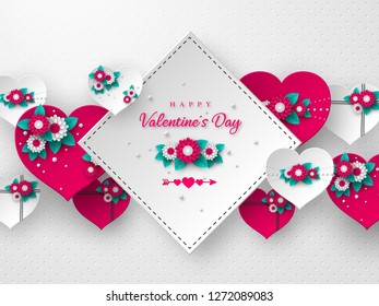 3d paper cut pink and white decorated flowers hearts on spotted background. Valentines day holiday banner. Vector illustration.