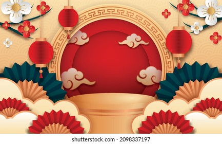 3D paper cut podium background vector. Flyer or poster with chinese new year theme, suitable for promotion product.