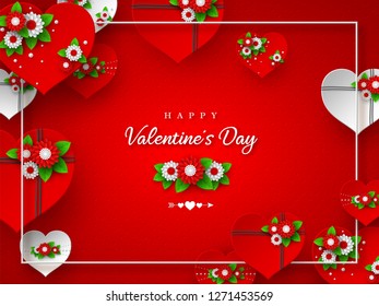 3d paper cut red and white hearts decorated flowers and frame on spotted background. Valentines day holiday banner. Vector illustration.