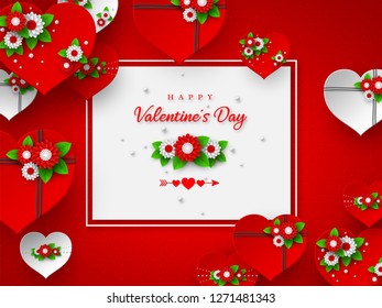 3d paper cut red and white decorated flowers hearts and frame on spotted background. Valentines day holiday banner. Vector illustration.