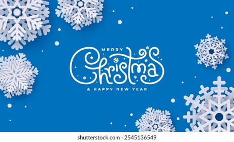 3D paper cut snowflakes with soft shadows on a blue background. Ideal winter design elements for presentations, banners, covers, web, flyers, cards, sales, posters, slides, and social media.