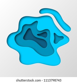3d paper cut style background. Shapes with shadow in white and different blue tones. Papercraft layered art. Design for decoration, business presentation, posters, flyers, prints. Vector illustration.