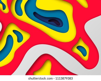 3d paper cut style background. Shapes with shadow in white and yellow, red, blue. Papercraft layered art. Design for decoration, business presentation, posters, flyers, prints. Vector illustration.