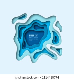 3d paper cut style background. Shapes with shadow in different blue tones. Papercraft layered art. Design for decoration, business presentation, posters, flyers, prints. Vector illustration.