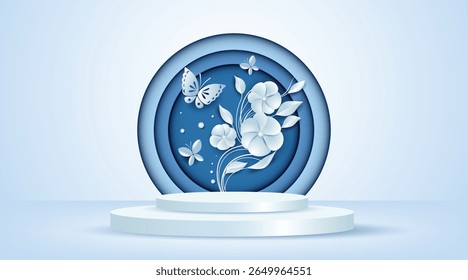 3D paper cut style floral background with butterflies and podium display. Ideal for product showcase, beauty, or spring themes.